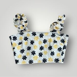 Zara Floral Smocked Crop Top Women's Large Yellow Black NWT Ruffle Strap